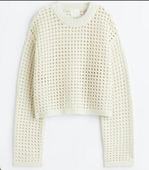 H&M Off White pointelle Open Stitch Crochet Crewneck Sweater Small